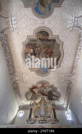 Tinteggiatura del soffitto e loft d'organo nella chiesa parrocchiale Mariae Heimsuchung XV secolo, baroquesizzato nel XVIII secolo, Buehl, Franconia media, Bavari Foto Stock