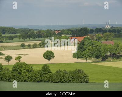 Villaggio con case e campi, alcune turbine eoliche sullo sfondo sotto un cielo nuvoloso, Billerbeck Muensterland, Renania settentrionale-Vestfalia, Germania, EUR Foto Stock