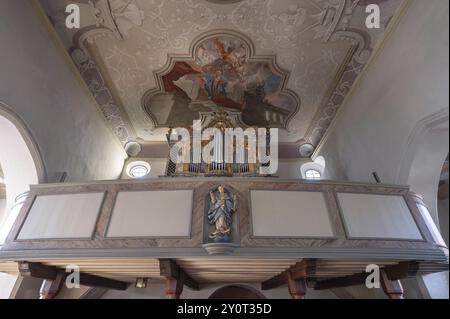 Loft d'organo della chiesa parrocchiale Mariae Heimsuchung XV secolo, baroquesizzato nel XVIII secolo, Buehl, Franconia media, Baviera, Germania, Europa Foto Stock