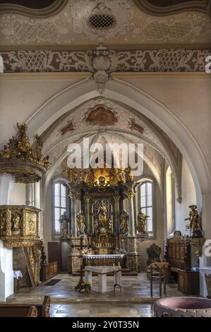 Cantico della chiesa parrocchiale Mariae Heimsuchung XV secolo, baroqueised nel XVIII secolo, Buehl, Franconia media, Baviera, Germania, Europa Foto Stock