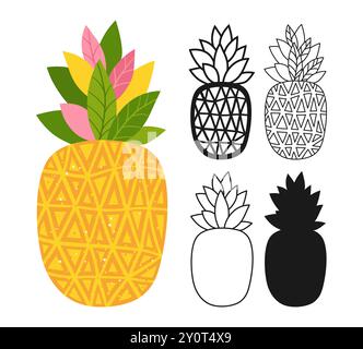 Cartoni animati simbolo della frutta ananas. Succosa icona lineare dell'ananas intero. Frutti piatti tropicali astratti trafilati a mano. Firma stilizzata semplice graziosa arte lineare. Illustrazione grafica grafica di tendenza della clipart vettoriale Illustrazione Vettoriale