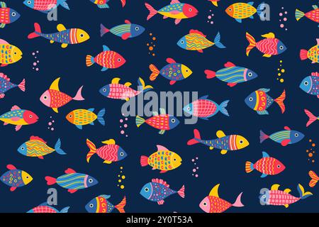 Carta da parati subacquea marina, senza cuciture con pesci. Cartoni animati astratti pesci marini sfondo sconfinato. Aquarium pesca un design semplice e senza fine per il modello vettoriale di involucro in tessuto con stampa su carta Illustrazione Vettoriale