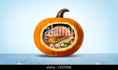 Divertente pasto del Ringraziamento Symbol come tradizionale cena di tacchino in famiglia all'interno di una zucca intagliata come raccolto agricolo con prodotti freschi Foto Stock