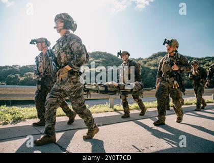 I Marine della Repubblica di Corea assegnati al 1st Reconnaissance Battalion, 1st ROK Marine Division, e i Marines degli Stati Uniti assegnati alla Reconnaissance Company, 15th Marine Expeditionary Unit, trasportano una vittima simulata su una lettiera durante un raid a lungo raggio con i Navy SEALs della ROK e i Commandos della Marina del Regno Unito assegnati al 40 Commando al Rodriguez Live-Fire Complex, Corea del Sud, 29 agosto 2024, come parte dell'esercitazione Ssang Yong 24. Esercizio SY24 rafforza il ROK-U.S. Alleanza e partnership con il Regno Unito attraverso una formazione congiunta combinata, che contribuisce alla capacità anfibia combinata in difesa del P coreano Foto Stock