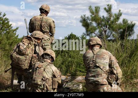 I concorrenti della Best Squad della riserva militare chiedono il fuoco nell'evento Dismounted Patrol and Recovery presso la Joint base McGuire-Dix-Lakehurst New Jersey, 2 settembre 2024. L'evento Dismounted Patrol and Recovery è uno degli eventi su cui i concorrenti sono valutati durante la competizione Army Reserve Best Squad. I soldati della riserva dell'esercito di tutta la nazione gareggiano nel 2024 BSC, una competizione annuale che riunisce i migliori soldati e squadre provenienti da tutta la riserva dell'esercito statunitense per guadagnare il titolo di "Best Warrior" e "Best Squad" tra i loro pari (foto della riserva dell'esercito degli Stati Uniti di staff Sgt. Prosperer ndow). Foto Stock