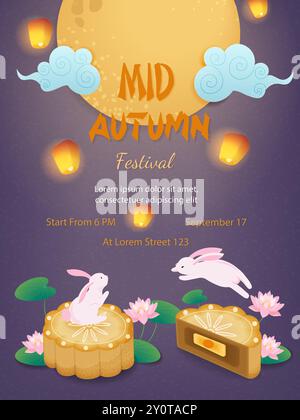 Poster del Festival di metà autunno con conigli e torte di luna - illustrazione vettoriale Illustrazione Vettoriale
