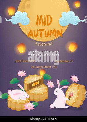 Poster del Festival di metà autunno con conigli e torte di luna - illustrazione vettoriale Illustrazione Vettoriale