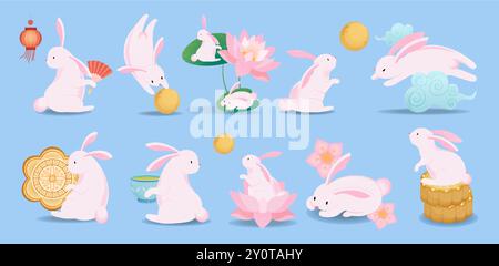 Affascinanti illustrazioni vettoriali del Festival di metà autunno con simpatici conigli, torte di luna e Lanterne su sfondo blu Illustrazione Vettoriale