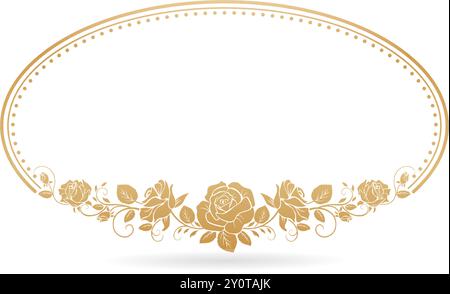 cornice a ellisse floreale dorata con fiori di rose su sfondi bianchi per serigrafia, disegni stampabili in carta, copertina per inviti nuziali Illustrazione Vettoriale