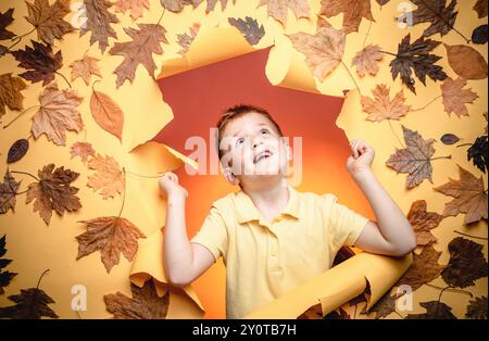 Redhead cute ragazzo stanno ottenendo pronto per la vendita di autunno. Concetto di stile di vita familiare. Ciao settembre. Foto Stock