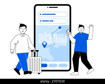 Mappa direzione percorso guida applicazione mobile navigazione amici uomo in viaggio ampio schermo smartphone illustrazione nero/bianco/blu Illustrazione Vettoriale