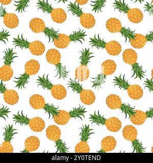 Motivo vettoriale senza cuciture con ananas su sfondo bianco. Perfetto per la stampa in tessuto hawaiana, il design per feste estive e la confezione Juice. Tropicale Illustrazione Vettoriale