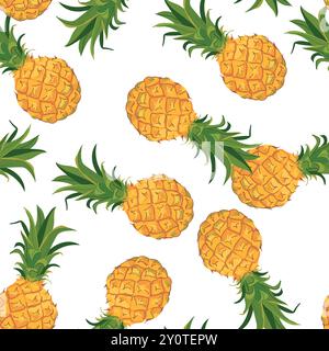 Motivo vettoriale senza cuciture con ananas su sfondo bianco. Perfetto per la stampa su tessuti e abiti da vacanza in stile hawaiano. Design per feste estive bac Illustrazione Vettoriale