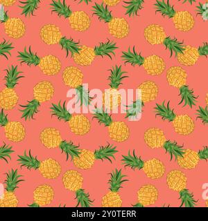 Motivo vettoriale senza cuciture con ananas su sfondo rosa. Perfetto per la stampa in tessuto hawaiana, il design per feste estive e la confezione Juice. Tropicale f Illustrazione Vettoriale