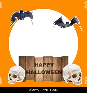 Una foto a tema Halloween con pipistrelli e teschi. La foto è arancione e bianca. I pipistrelli volano intorno ad un teschio e ad un cartello di legno che dice "Happy ha Foto Stock