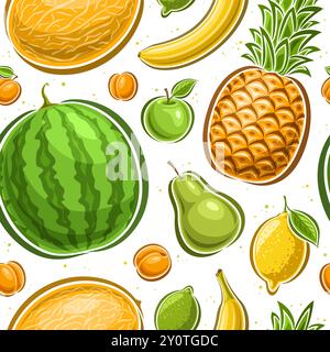 Vector Fruit Seamless Pattern, sfondo quadrato con frutti di cartone animato con contorno volante per avvolgere carta o biancheria da letto, coperchio senza cuciture con vari piatti Illustrazione Vettoriale