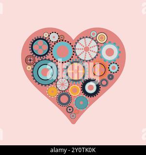 Colore morbido, forma a cuore piena di ingranaggi meccanici a incastro Illustrazione Vettoriale