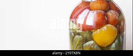 barattolo di verdure rovinato. Vaso di vetro con tomati sottaceto e cetrioli fatti in casa Foto Stock