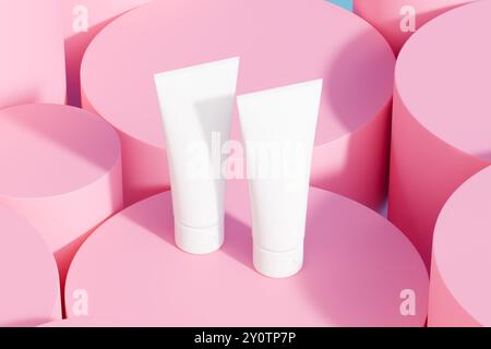 due tubi a pressione isolati su un podio rosa, sfondo blu, rendering 3d per mostrare i prodotti cosmetici Foto Stock