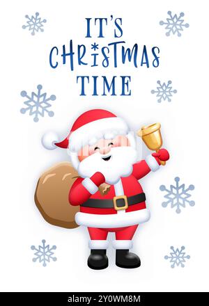 E' Natale. Divertente Babbo Natale con campana dorata e regali. Carino personaggio dei cartoni animati. Biglietto di auguri di Natale. Foto Stock