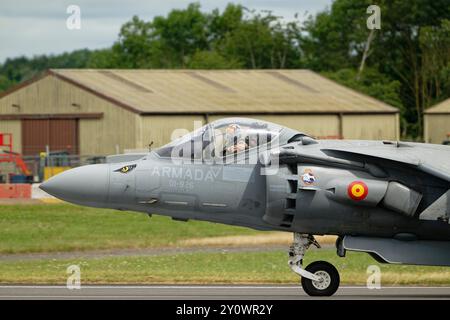 Il capitano Andres Medina della 9 Escuadrilla della Marina spagnola guarda la folla dalla cabina di pilotaggio del suo caccia McDonnell Douglas AV-8B Harrier II Foto Stock