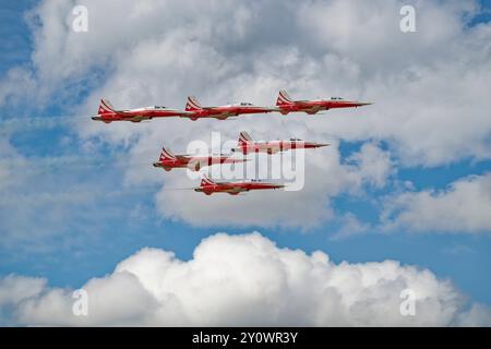 Il team di volo acrobatico della Swiss Air Force Patrouille Suisse ha messo in mostra un'impressionante esibizione con i loro jet Northrop F5 al RIAT Foto Stock