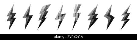 Collezione di icone Lightning bolt. Simbolo flash tratteggiato, thunderbolt. Semplice segno di fulmine. Ombreggiatura a punti, disegno. Illustrazione vettoriale Illustrazione Vettoriale