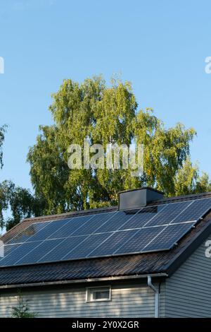 pannelli solari sul tetto di casa contro il cielo blu e gli alberi. Foto Stock