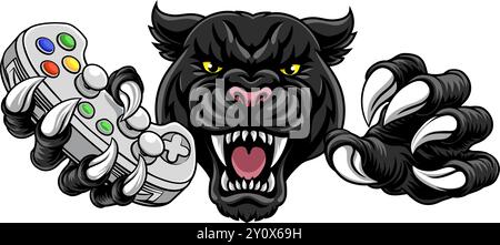 Mascotte Jaguar Cat Gamer Black Panther Leopard Illustrazione Vettoriale