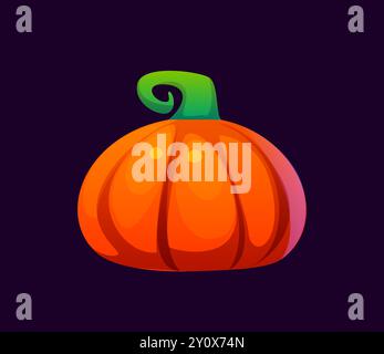 Font di Halloween, simbolo del punto del cartone animato come zucca, tipo malvagio, carattere divertente e spaventoso, alfabeto spettrale. Zucca arancione matura con segno di punteggiatura a stelo verde. Glifo tipografico tipografico latino vettoriale isolato Illustrazione Vettoriale