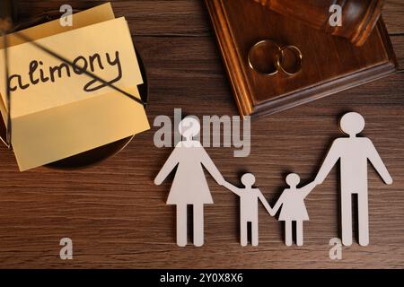 Scheda con parola Alimony, figure di famiglia, bilance, anelli e martelletto su un tavolo di legno, vista dall'alto Foto Stock