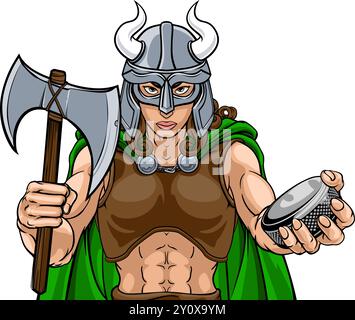 Viking Warrior Woman Ice Hockey Sports Team Mascot Illustrazione Vettoriale