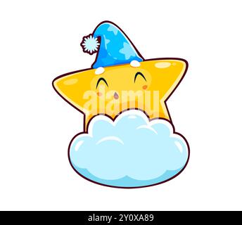 Simpatico personaggio della stella del cielo notturno kawaii che dorme sulla nuvola, emoticon vettoriale. Divertente emoji o emoticon kawaii in pigiama Hat dorme sonni sulla nuvola dei sogni nel cielo notturno con il volto felice Illustrazione Vettoriale