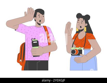 Emozionate coppie di corse miste che viaggiano visitando i personaggi dei cartoni animati lineari 2D. Illustrazione Vettoriale