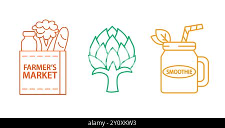 Set di icone con il logo del mercato degli agricoltori di alimentari Illustrazione Vettoriale