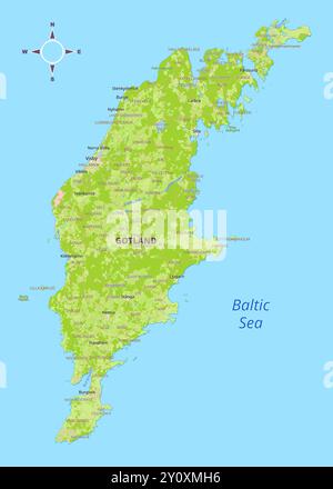 Isola di Gotland, Svezia mappa fisica politica dettagliata Illustrazione Vettoriale