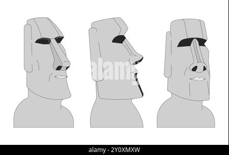 Gruppo di statue Moai in bianco e nero 2D line Objects Set Illustrazione Vettoriale