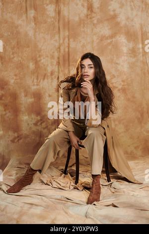 Vestita con un elegante outfit autunnale, una giovane donna posa con fiducia in un ambiente da studio dalle tonalità calde. Foto Stock