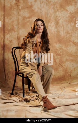 Una giovane donna indossa elegantemente un elegante outfit autunnale, circondato da tonalità calde in un ambiente studio. Foto Stock