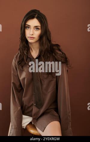 Una giovane donna indossa elegantemente un elegante outfit autunnale, trasudando fiducia in uno sfondo caldo. Foto Stock