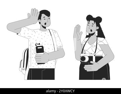 Emozionate coppie di corse miste che viaggiano visitando i personaggi dei cartoni animati in 2D in bianco e nero Illustrazione Vettoriale