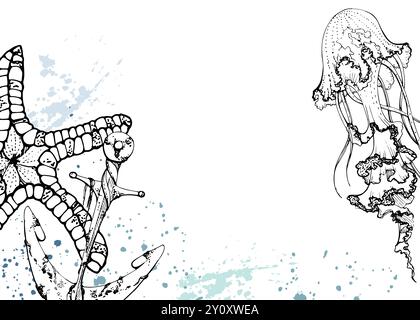 Meduse, stelle marine con ancora, vita marina spruzzata, creature sottomarine dell'oceano marino, schizzo a penna e inchiostro disegnato a mano. Illustrazione cornice bordo isolata Illustrazione Vettoriale