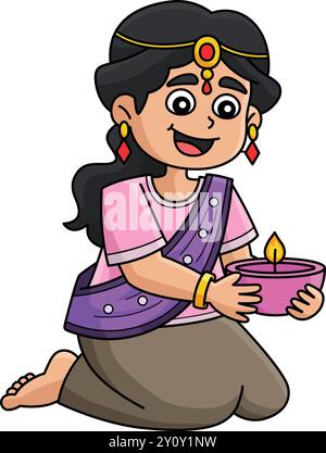 Diwali Girl che tiene Diyas Cartoon Colored Clipart Illustrazione Vettoriale