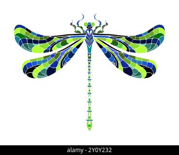 Libellula sagomata disegnata artisticamente decorata con ali a mosaico verdi e blu su sfondo bianco. Disegno originale di una libellula. Illustrazione Vettoriale