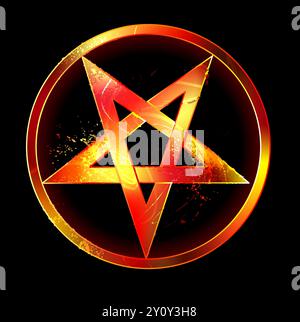 Pentagramma demoniaco invertito di lava rossa calda su sfondo nero. Simbolo del fuoco. Illustrazione Vettoriale