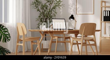 Arredamento moderno e minimalista per la casa 3D con arredi in legno e luce naturale Foto Stock