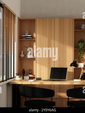 Rendering 3D moderno per interni di uffici domestici con ripiani in legno, scrivania e luce naturale Foto Stock