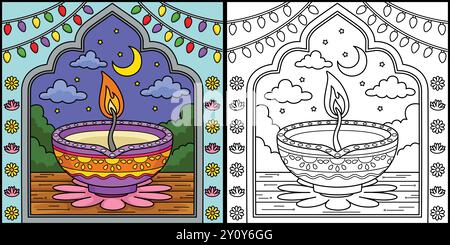 Illustrazione a colori della pagina Diwali Diyas Illustrazione Vettoriale