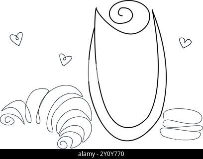 Tazza da caffè con croissant in stile disegno artistico a linee continue. Schizzo della linea nera su sfondo bianco. Illustrazione vettoriale Illustrazione Vettoriale