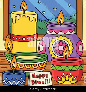 Diwali Festival Diyas and Candles Colored Cartoon Illustrazione Vettoriale